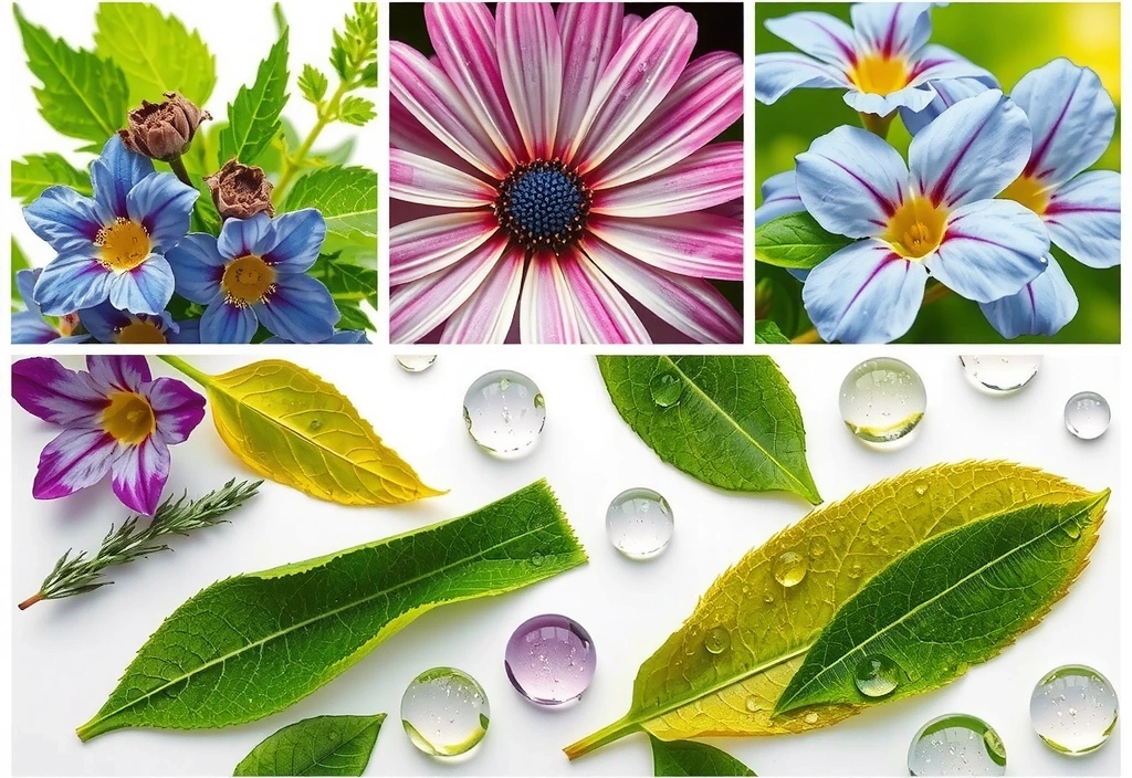 Un mosaico di elementi naturali: erbe, fiori, gocce d'acqua e texture di foglie, che si fondono armoniosamente per rappresentare la diversità e l'interconnessione della bellezza naturale.
