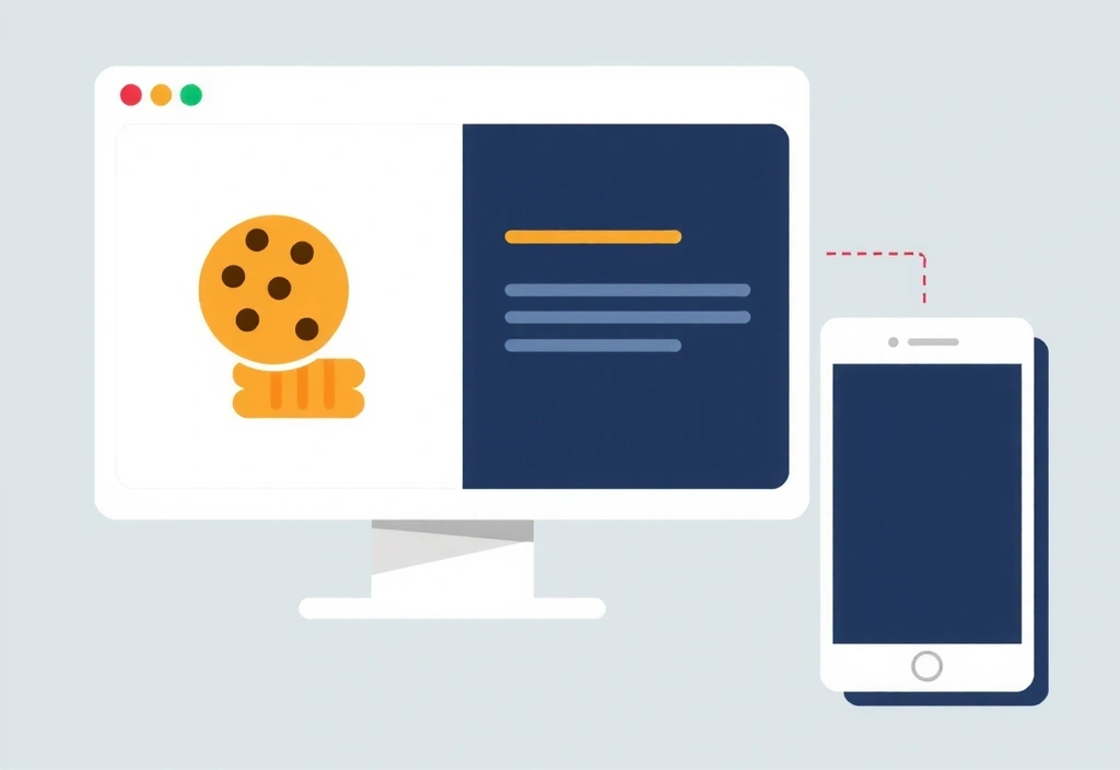 Illustrazione di un browser web che mostra un'icona di cookie e un dispositivo mobile, evidenziando il concetto di cookie su diversi dispositivi.