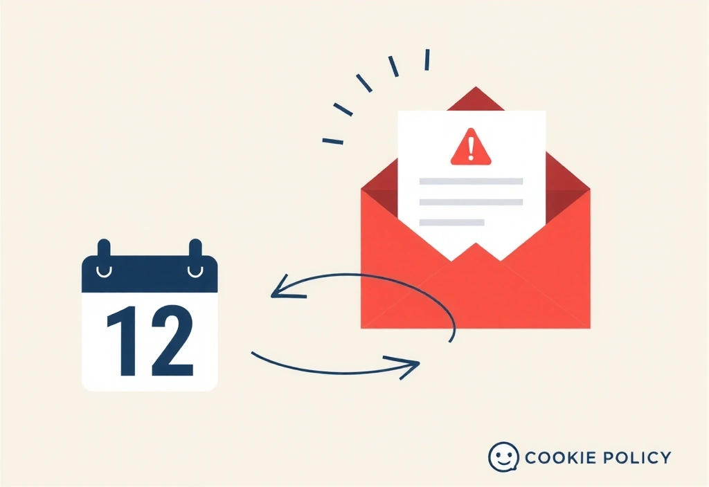 Illustrazione di un calendario con una data evidenziata e un documento che si aggiorna, simboleggiando gli aggiornamenti regolari della politica sui cookie.